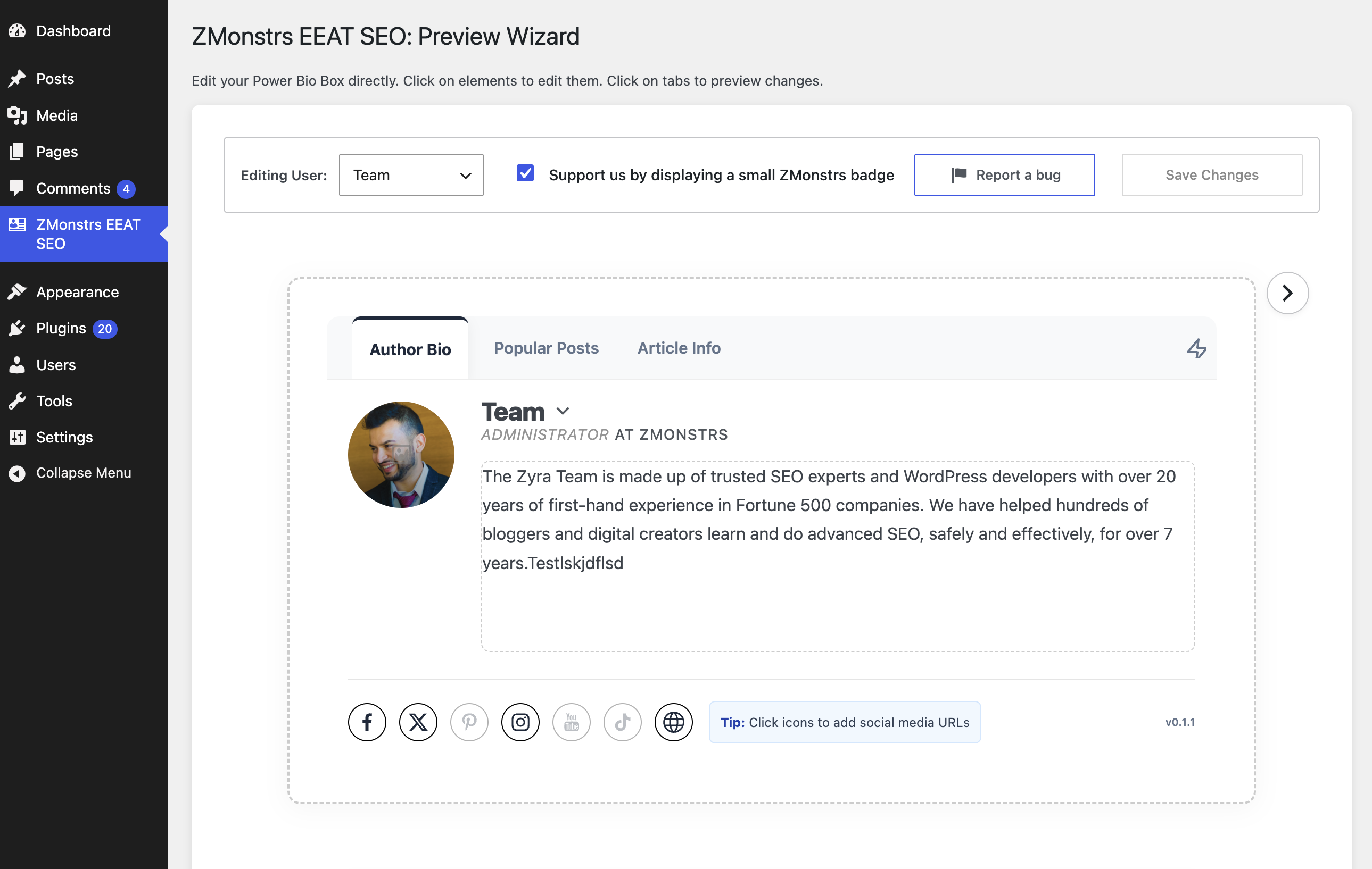 Customize in the Preview Wizard: WordPress admin screenshot